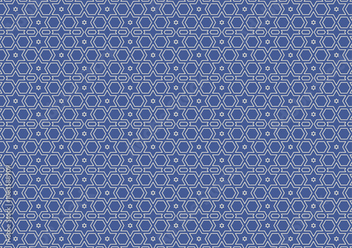 Abstract geometric Islamic motif with peach lines on a blue canvas.