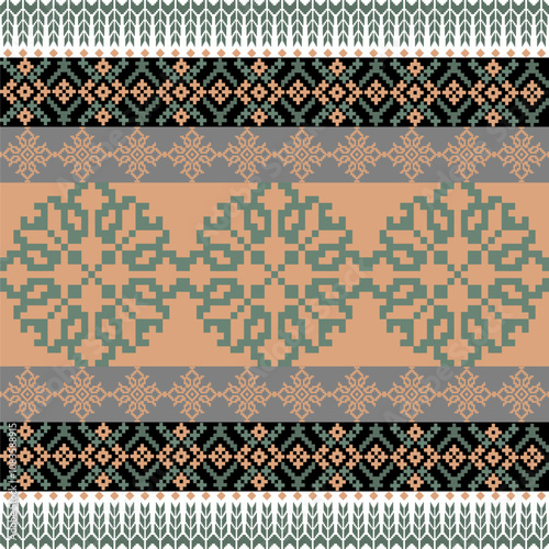 Art Abstract with Pixel Art Designs. Traditional Cross Stitch needlework. Geometric Ethnic Pattern, Embroidery, Textile Ornamental, Fabric, Hand Stitch Pattern, Cultural Stitching Pixel Art