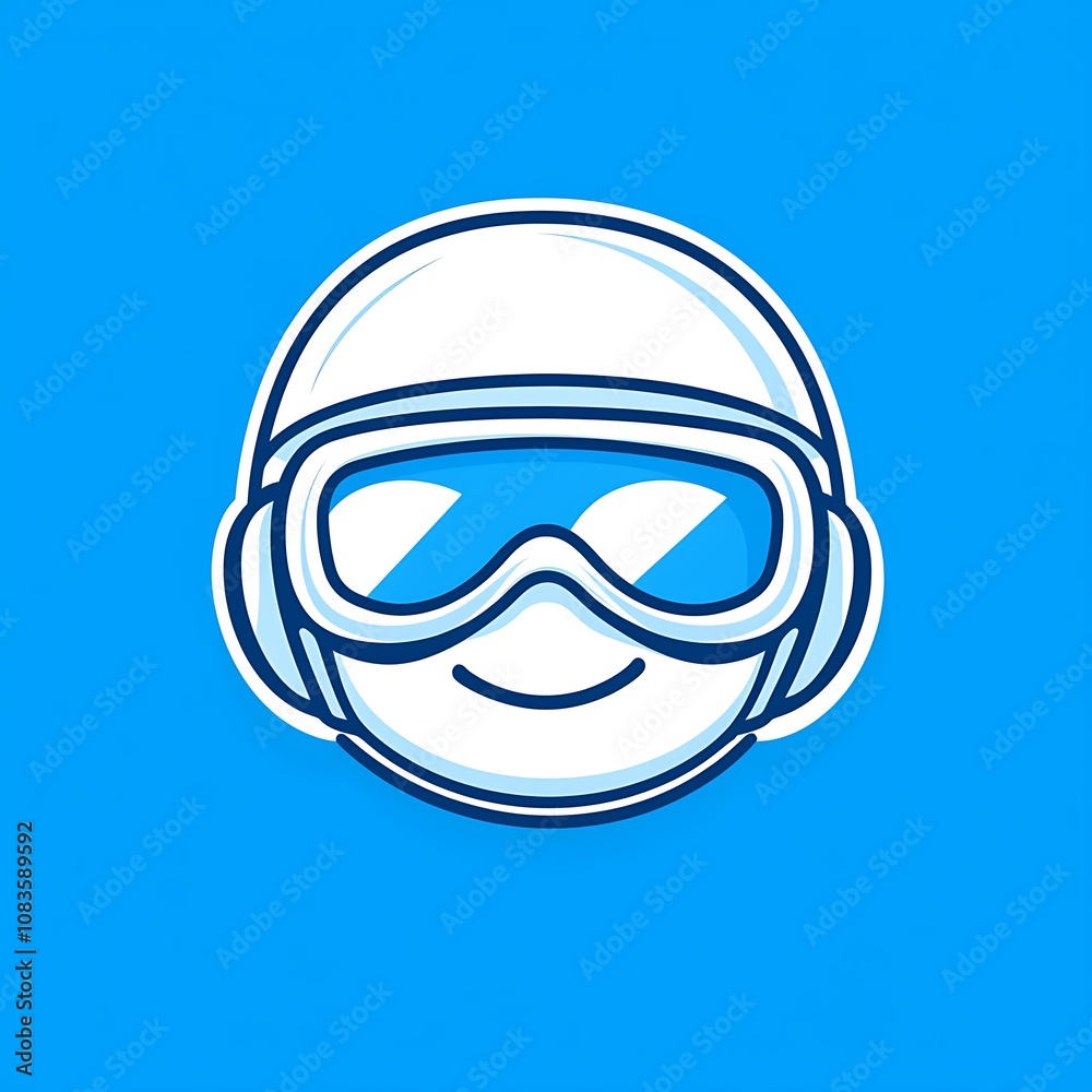 Fototapeta premium Cheerful cartoon character wearing a ski helmet and goggles with a bright blue background, representing winter sports, outdoor activities, and snowy adventures for vibrant illustrations.