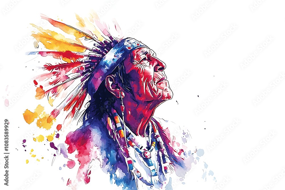 Obraz premium Vibrant Watercolor Portrait of a Native American Chief in Traditional Headdress. This artistic depiction showcases the rich culture and spirituality of Indigenous peoples.