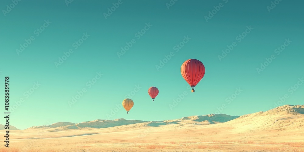 Fototapeta premium Three Hot Air Balloons Soaring Over a Desert Landscape