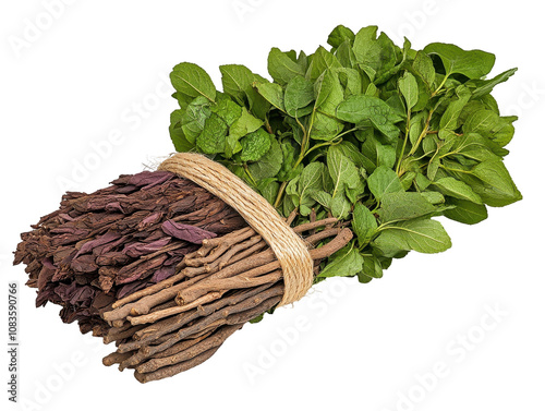 Fresh bundle of medicinal herbs and leaves. transparent background photo