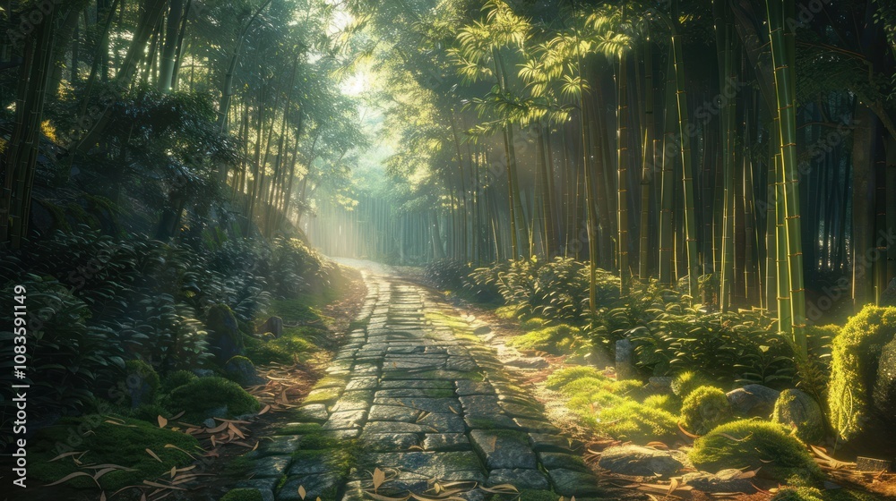 Obraz premium Sunlit stone path through misty bamboo forest.