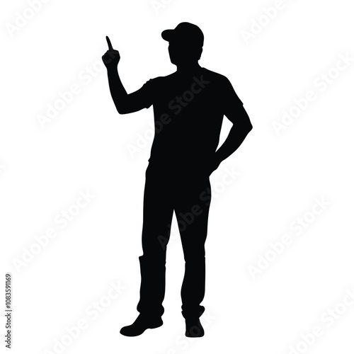 A man is standing in front of a white background. He is wearing a hat and a shirt. He is pointing to the right