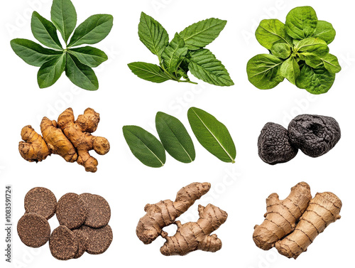 Variety of fresh herbs and medicinal roots. transparent background photo