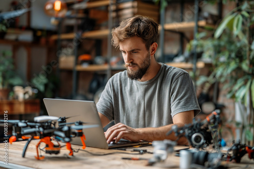 Equipment repair. Drone production. Close up of quadcopter drone with action camera on workstation in tech repair shop, copy space. photo