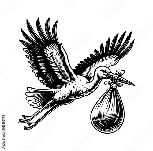 stork deliver baby engraving black and white outline