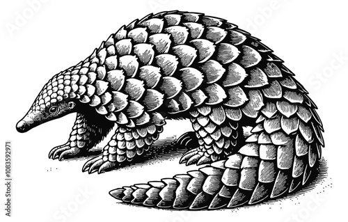 pangolin engraving black and white outline