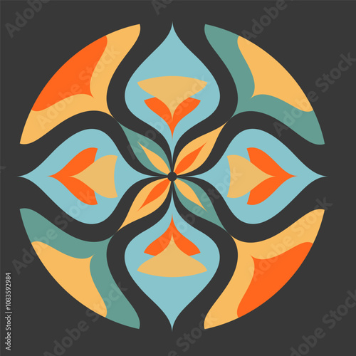 Abstract ornament in flat circle style. Bright vector drawing of mantra isolated on dark background. Beautiful oriental print. Stained glass for windows and buildings