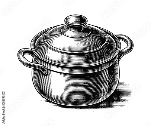 boiling pot engraving black and white outline