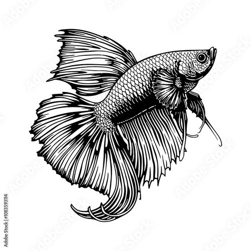 betta fish engraving black and white outline