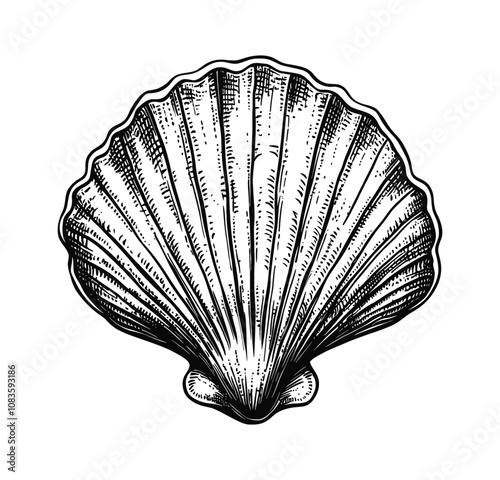 scallop shell engraving black and white outline