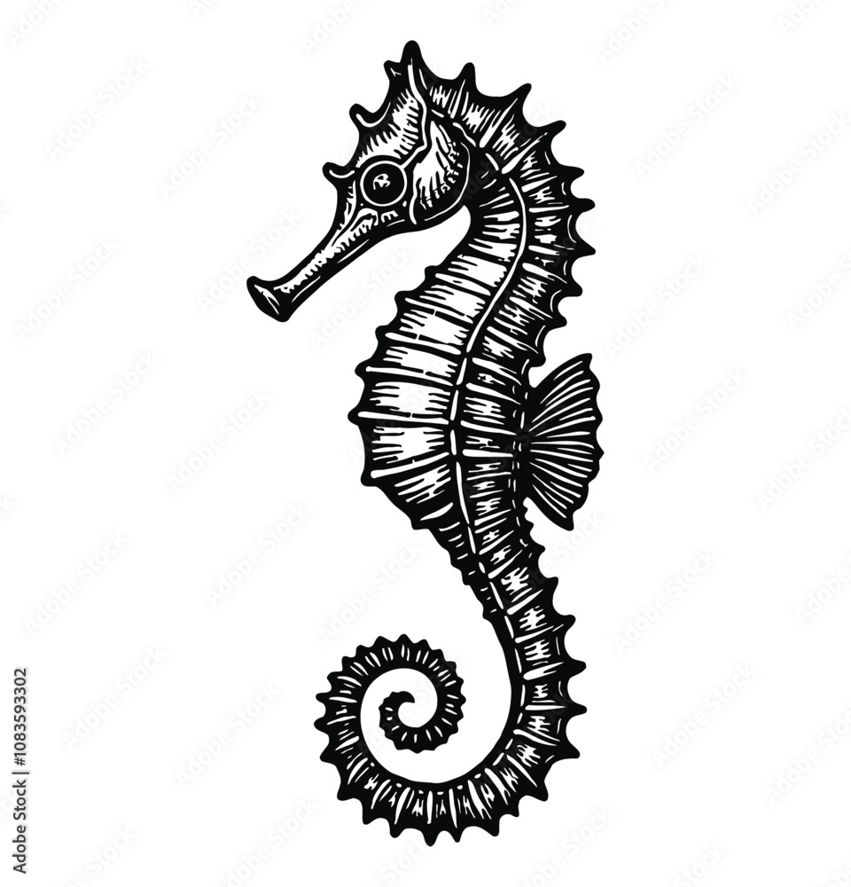 Fototapeta premium horse sea engraving black and white outline
