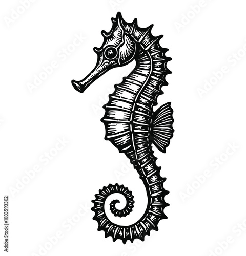 horse sea engraving black and white outline