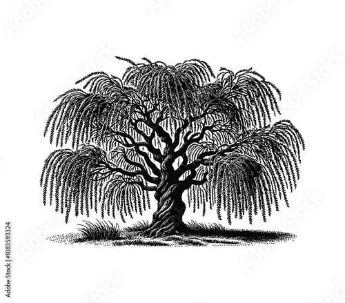 Babylon willow tree engraving black and white outline