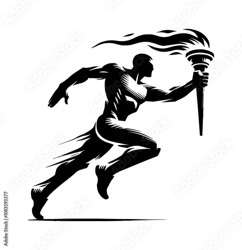 man run holding torch engraving black and white outline