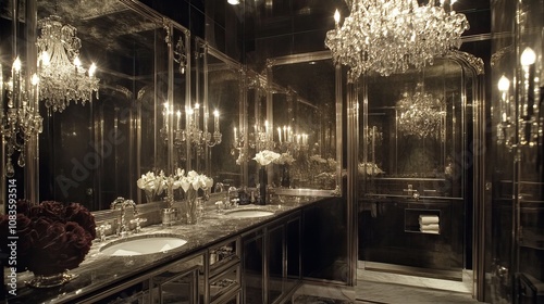 Glamorous Hollywood Regency bathroom, mirrored walls, luxurious lighting, marble countertops, and crystal chandelier