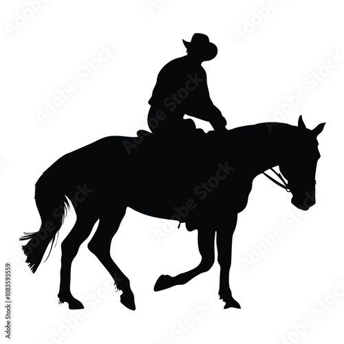 A man is riding a horse. The horse is black. The man is wearing a hat