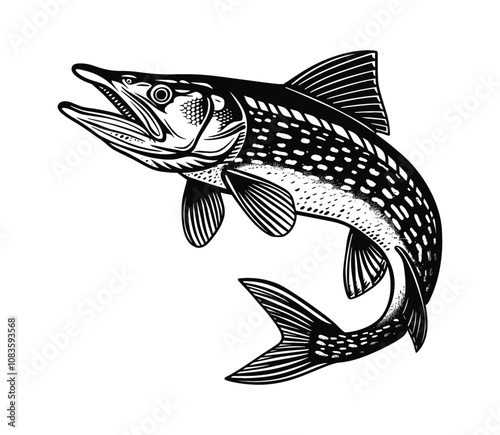 pike fish engraving black and white outline
