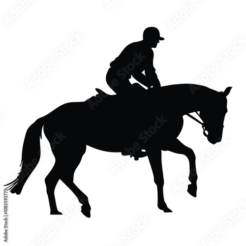 A man is riding a horse. The horse is black. The man is wearing a hat