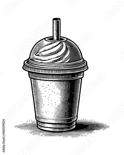 cup with a dome shaped lid and a straw engraving black and white outline