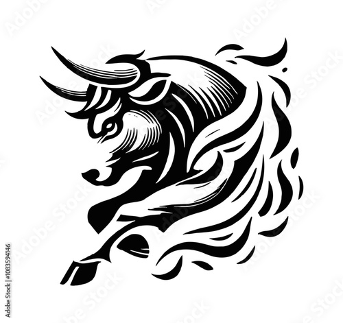 Wallpaper Mural bull tribal engraving black and white outline Torontodigital.ca