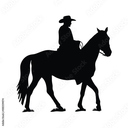 A man is riding a horse. The horse is black. The man is wearing a hat