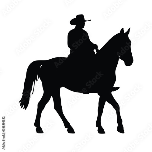 A man is riding a horse. The horse is black. The man is wearing a hat