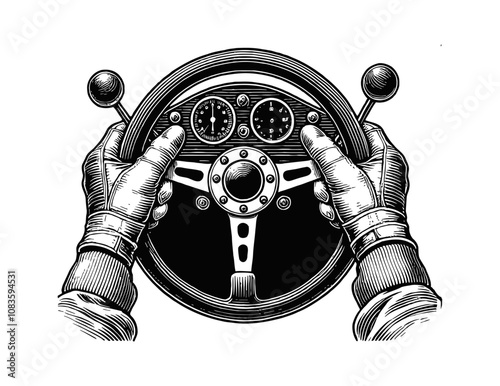 two hands gripping a car steering wheel engraving black and white outline