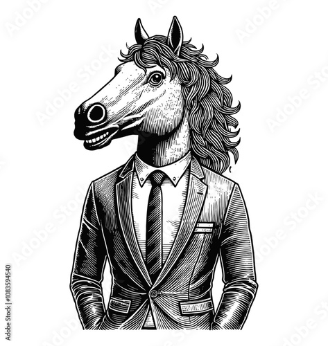 horse headed businessman wearing a suit and tie engraving black and white outline