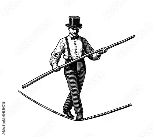 man walking rope tightrope engraving black and white outline