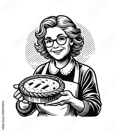grandmother holding a pie engraving black and white outline