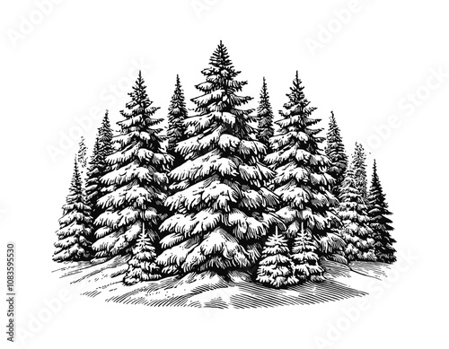 snow covered fir trees engraving black and white outline