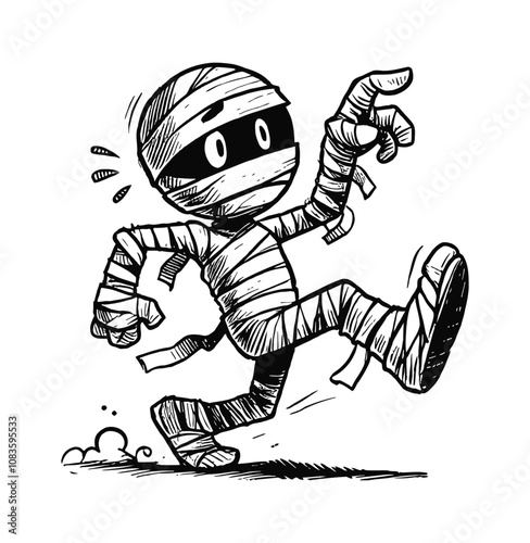 cartoon mummy engraving black and white outline