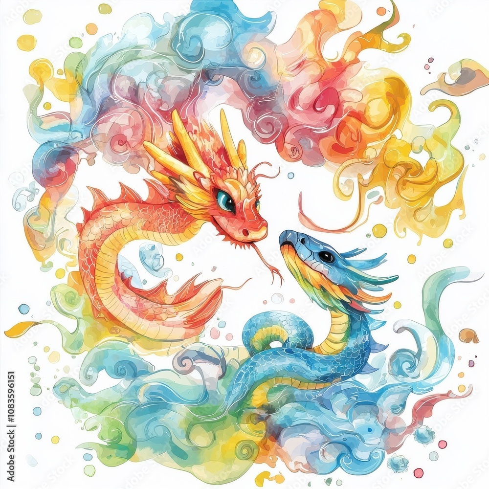 Obraz premium Vibrant illustration of two mythical dragons entwined in colorful swirls of smoke, symbolizing harmony and balance.
