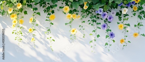 A wall with yellow and violet morning glories
