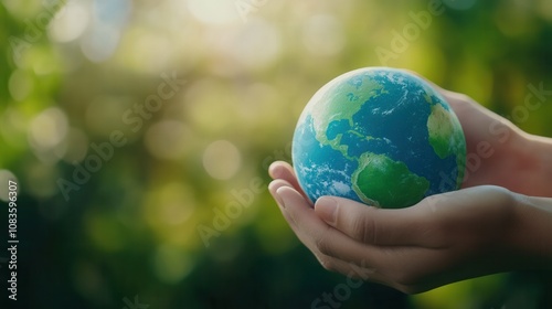 Hands holding a miniature Earth, symbolizing environmental care. photo