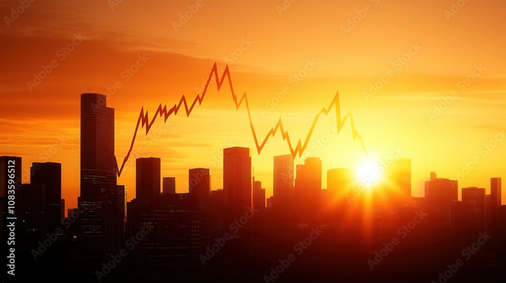 Fototapeta premium Silhouette of business skyline at sunset with rising graph.