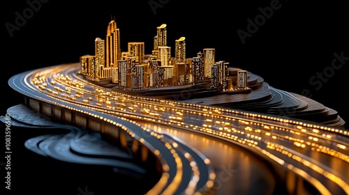 Miniature Cityscape with Illuminated Highway and Black Background