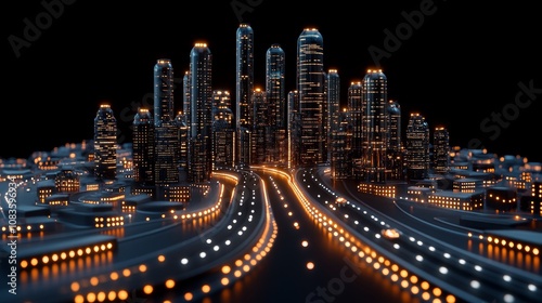 Futuristic Cityscape with Illuminated Skyline and Highway