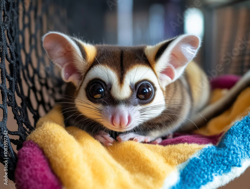 A vibrant indoor habitat for exotic mammals like sugar gliders and fennec foxes, with toys, perches, and comfortable bedding. photo