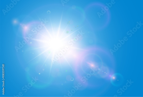 Sunny background, sun with lens flare on blue sky, hot weather concept, summer background illustration.