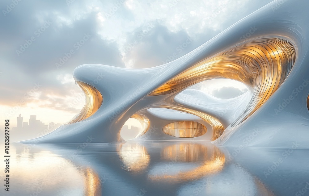 Fototapeta premium Abstract Modern Architecture with Golden Interior and Water Reflection