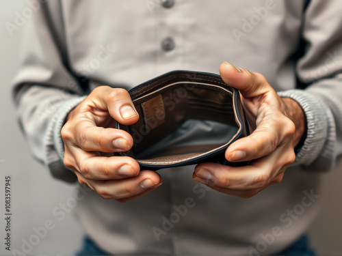 A man looks at his empty wallet with a concerned expression, symbolizing financial struggle or disappointment.