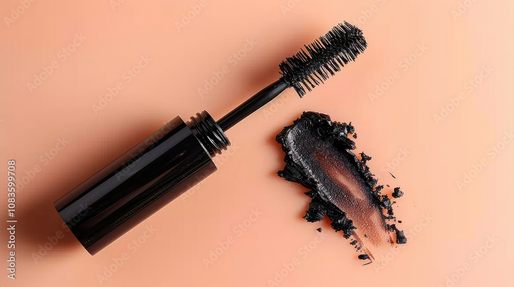 Naklejka premium Black mascara wand and a swipe of mascara on a peach background.