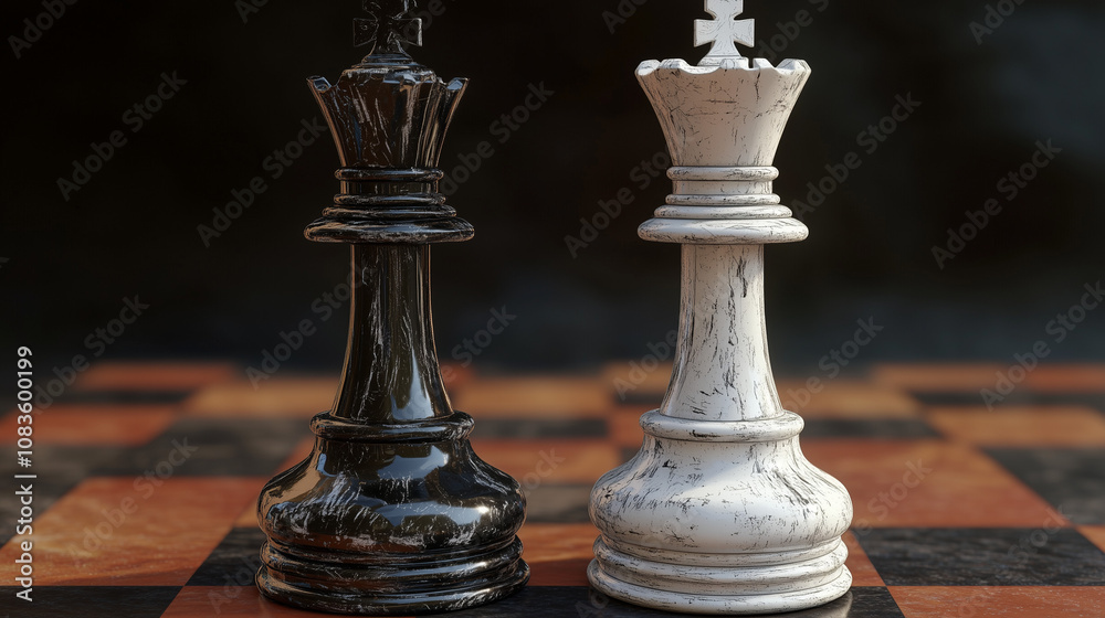 Fototapeta premium Re bianco vs re nero. Scacchi sulla scacchera.