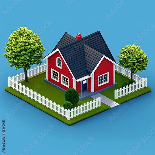 Charming Red House Surrounded by Green Trees and White Fence in a Vibrant Blue Background Ideal for Real Estate and Home Design Concepts