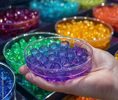 A hand holds a bowl of purple water beads. AI. photo