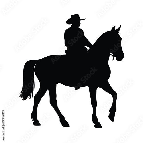 A man is riding a horse. The horse is black. The man is wearing a hat