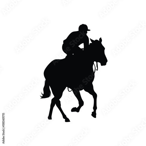 A horse is running with a man on top of it. The man is wearing a helmet